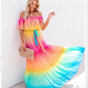 VICI Rainbow Skies Off The Shoulder Tiered Maxi Dress NWOT